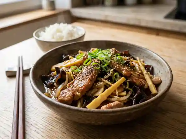 Porc sauté aux pousses de bambou et champignons noirs : recette savoureuse et facile - Photo de présentation