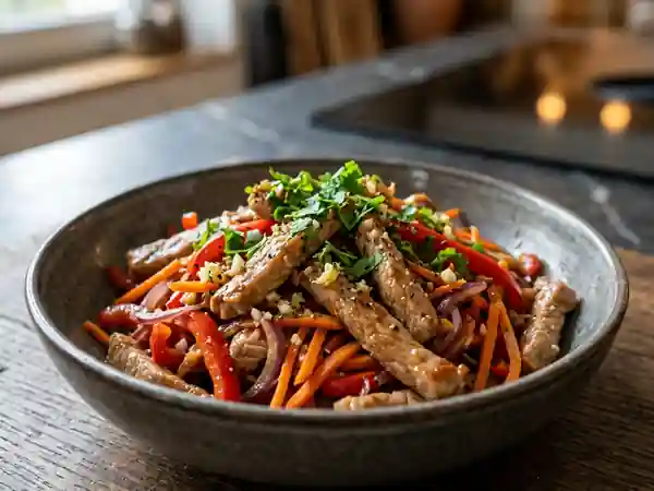Wok de porc au soja et gingembre croquant - Photo de présentation