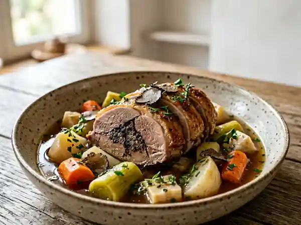Pot-au-feu d'oie truffé et légumes fondants - Photo de présentation