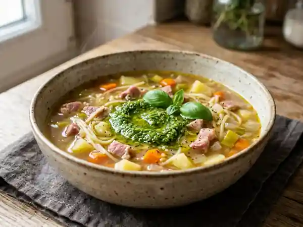 Potage fumé au petit salé et pistou frais - Photo de présentation