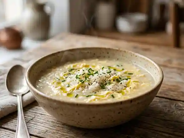 Potage onctueux au riz et rubans d'œufs - Photo de présentation