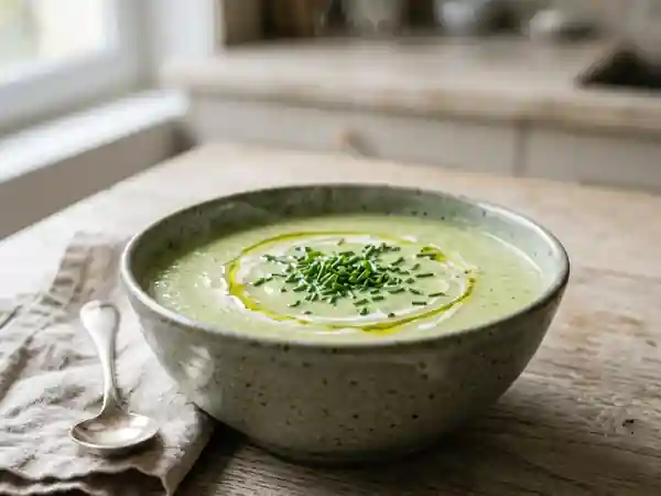 Potage chaud onctueux au concombre et fines herbes - Photo de présentation