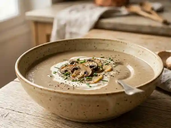 Potage crémeux aux champignons frais - Photo de présentation