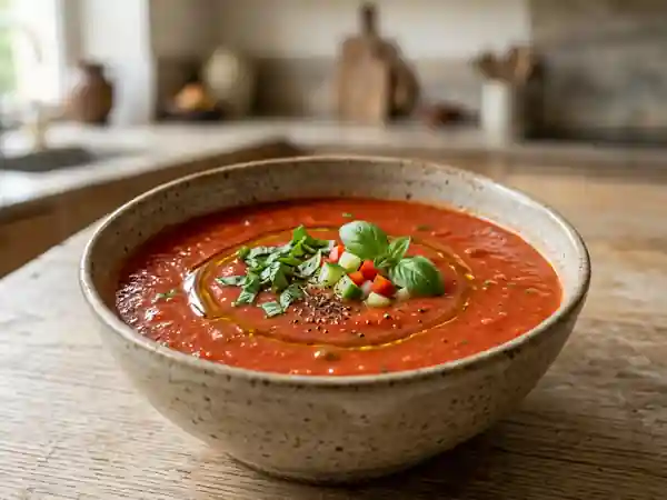 Potage d'été frais à la tomate et basilic - Photo de présentation