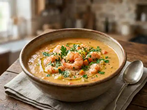 Potage gourmand aux légumes frais et crustacés - Photo de présentation