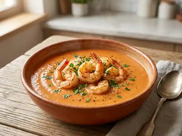 Potage onctueux aux tomates fraîches et scampi délicats - Photo de présentation