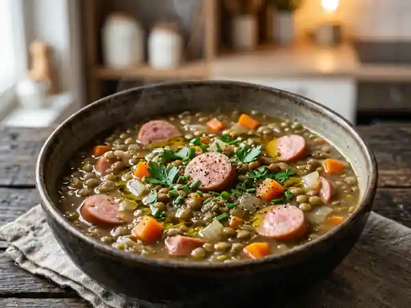 Potage réconfortant aux lentilles et saucisses de Strasbourg - Photo de présentation