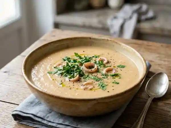 Potage soyeux aux calmars et petits légumes - Photo de présentation