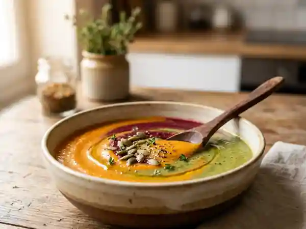 Potage tricolore gourmand aux légumes frais - Photo de présentation