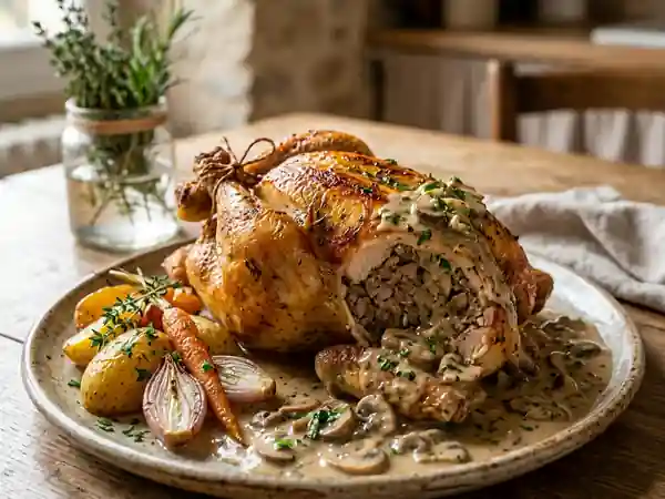 Poularde farcie rôtie à la sauce onctueuse aux champignons - Photo de présentation