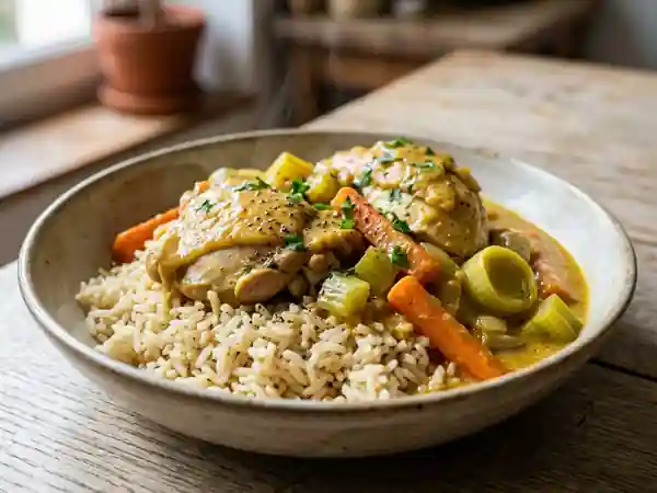 Poule au Pot Traditionnelle avec Riz Pilaf et Sauce au Curry Douce - Photo de présentation