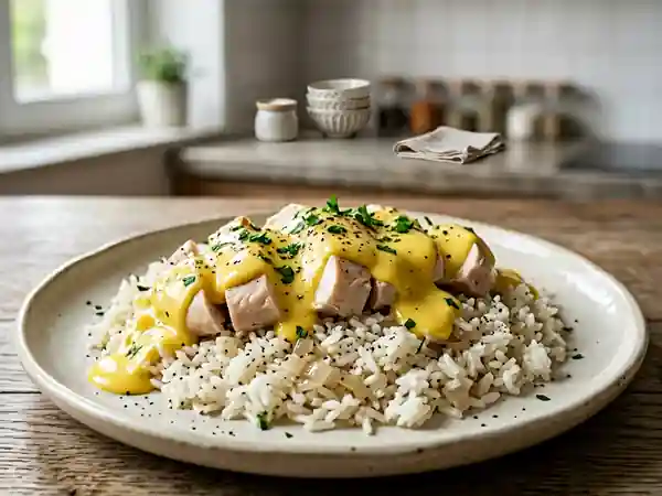 Poule au riz fondante et sauce mousseline - Photo de présentation