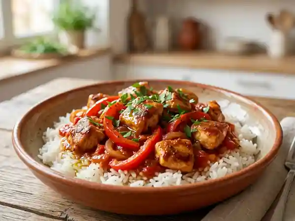 Poulet à l'espagnole savoureux aux poivrons et épices - Photo de présentation