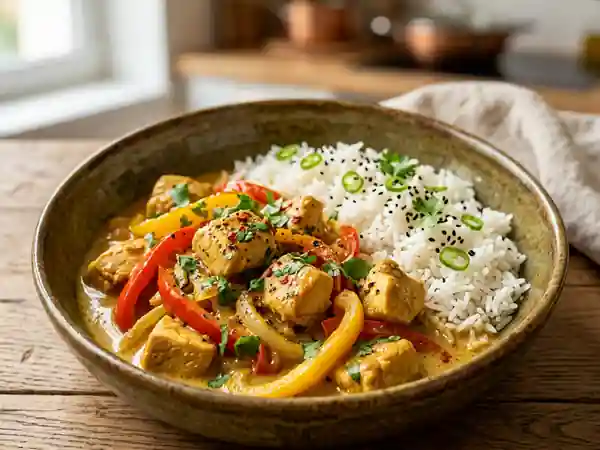 Wok de poulet au curry jaune et coco - Photo de présentation