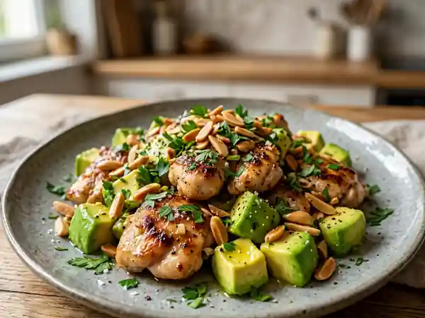 Poulet doré, avocat fondant et amandes - Photo de présentation