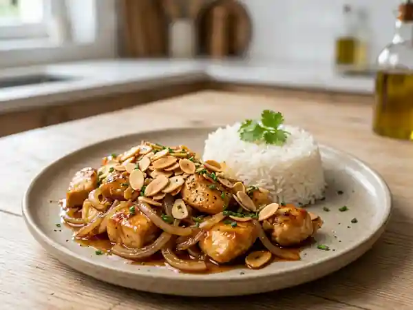 Poulet aux amandes croustillantes et sauce savoureuse - Photo de présentation