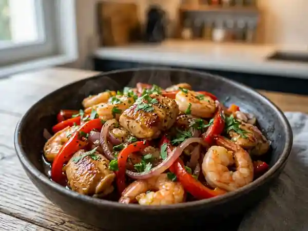 Wok de poulet aux crevettes et gingembre - Photo de présentation