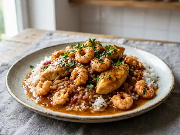 Sauté de poulet aux écrevisses et fumet corsé - Photo de présentation