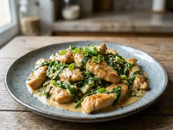 Poulet aux fanes d'oignons, sauce onctueuse - Photo de présentation