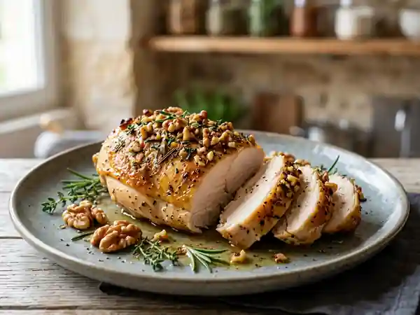 Poulet rôti aux noix et herbes fraîches - Photo de présentation