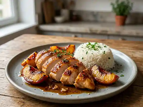 Poulet poêlé aux pêches et miel fondant - Photo de présentation