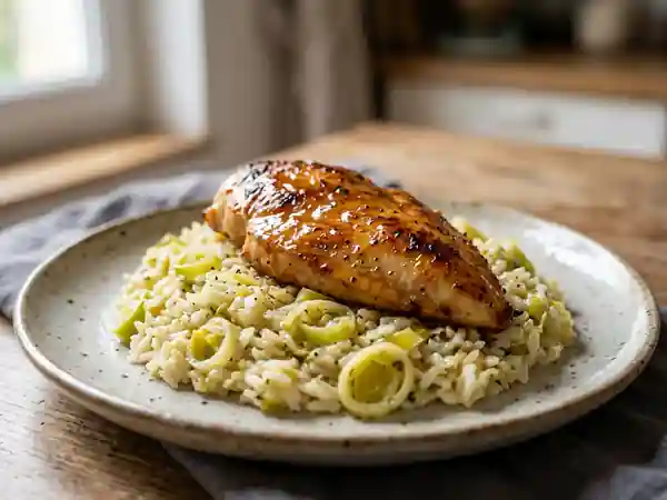 Poulet laqué au miel et riz fondant aux poireaux - Photo de présentation