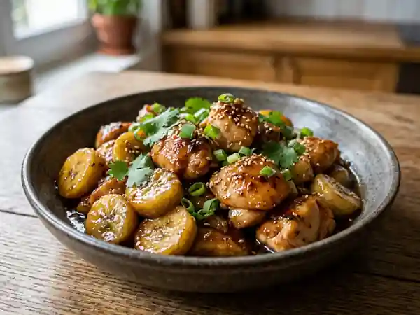 Poulet caramélisé au miel et bananes fondantes - Photo de présentation