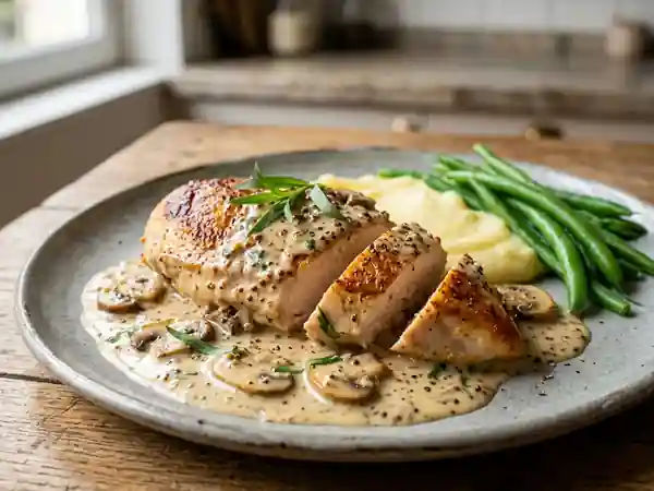 Poulet crémeux à la moutarde et estragon avec champignons sautés - Photo de présentation