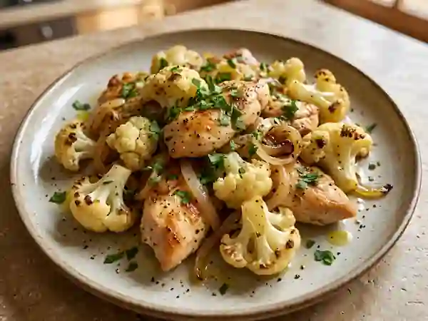 Poulet doré et chou-fleur fondant à l'ail - Photo de présentation