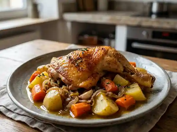 Poulet en cocotte doré et légumes fondants - Photo de présentation