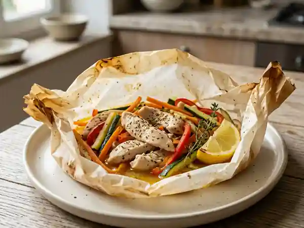 Poulet en papillote citronnée et petits légumes - Photo de présentation