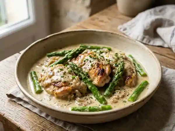Poulet en sauce crémeuse aux asperges vertes - Photo de présentation