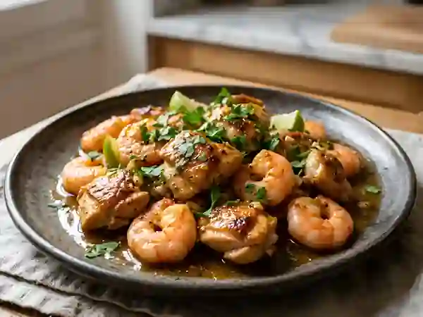 Poulet et gambas laqués au miel épicé - Photo de présentation