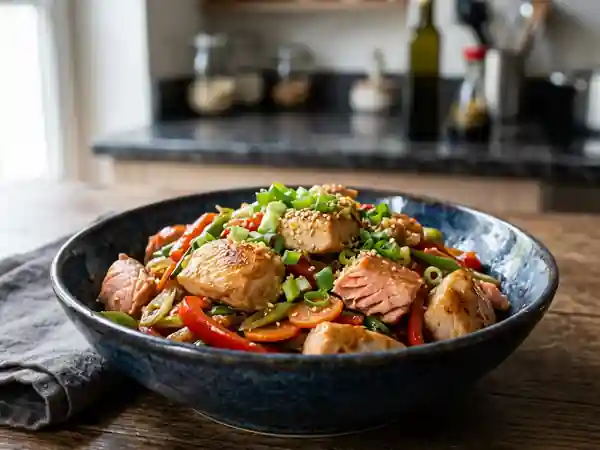 Wok terre-mer poulet truite au sésame - Photo de présentation
