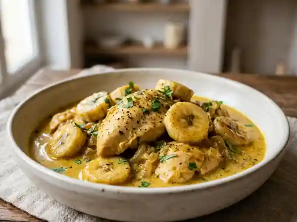 Poulet crémeux au curry et bananes fondantes - Photo de présentation