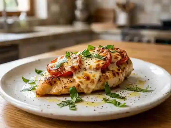 Poulet fondant à la mozzarella et basilic frais - Photo de présentation