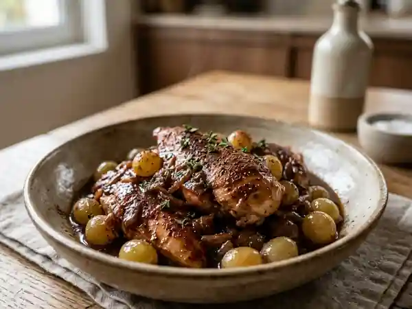 Poulet fondant au cacao et raisins juteux - Photo de présentation