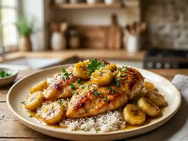 Poulet fondant au citron et bananes caramélisées : un délice exotique - Photo de présentation