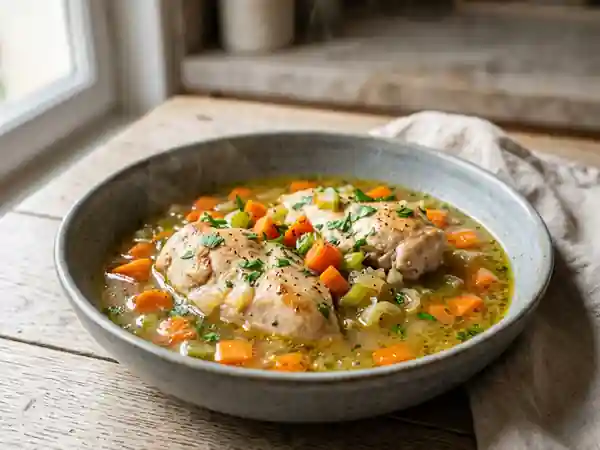 Poulet fondant au citron et bouillon de légumes parfumé - Photo de présentation
