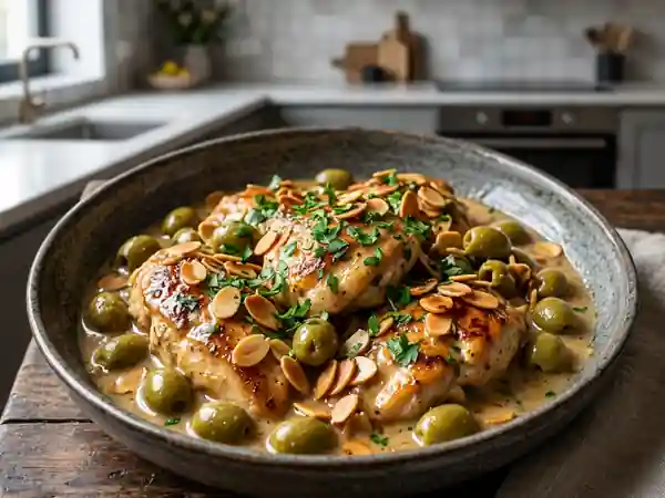 Poulet fondant aux amandes croquantes et olives savoureuses - Photo de présentation