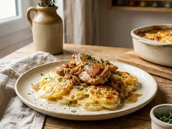 Poulet doré sur gratin de pommes de terre crémeux - Photo de présentation