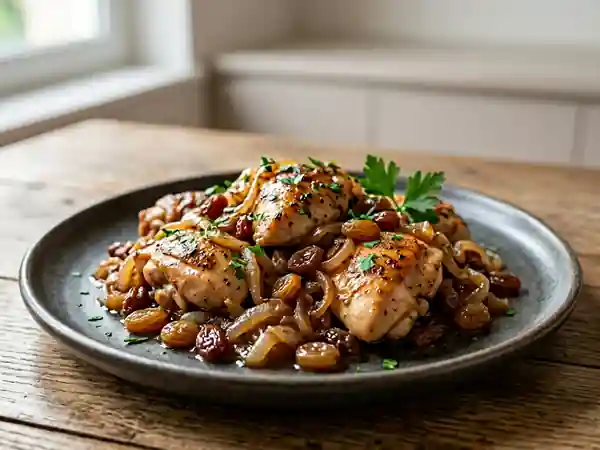 Poulet fondant aux oignons caramélisés et raisins secs - Photo de présentation