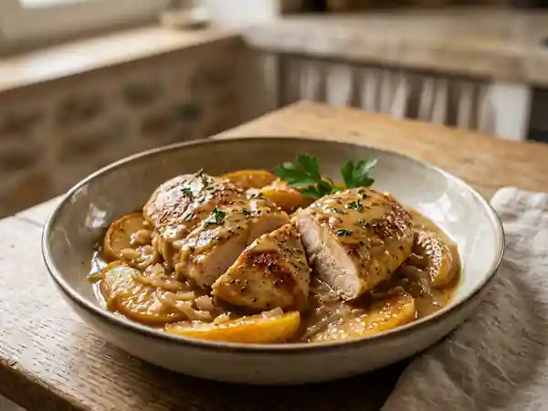 Poulet fondant aux pommes caramélisées et sauce au cidre - Photo de présentation