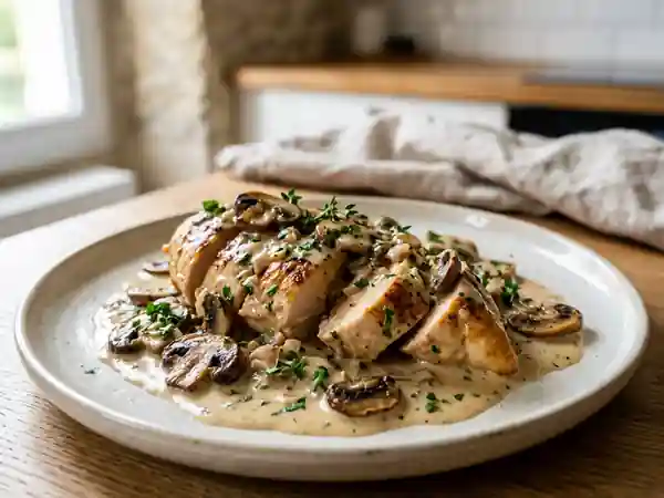 Poulet forestier crémeux aux champignons et herbes fraîches - Photo de présentation