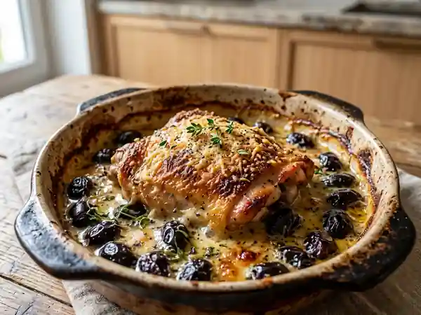 Poulet gratiné au parmesan et olives noires - Photo de présentation
