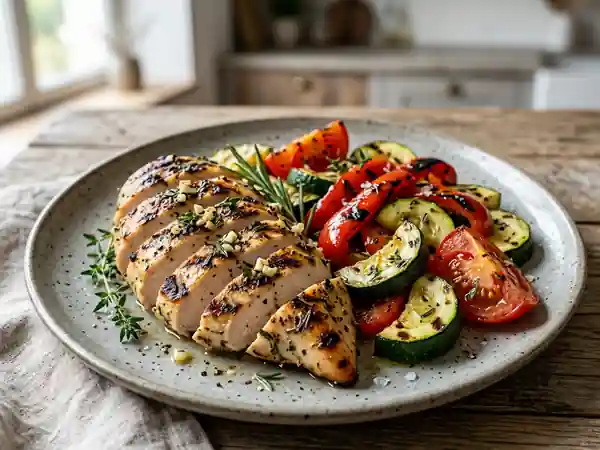 Poulet grillé aux herbes fraîches et légumes d'été colorés, recette facile et rapide - Photo de présentation