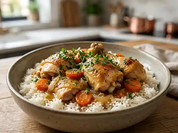 Poule au riz fondante et son jus réduit - Photo de présentation