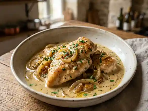 Poulet mijoté au vin blanc et oignons fondants : recette savoureuse et facile - Photo de présentation