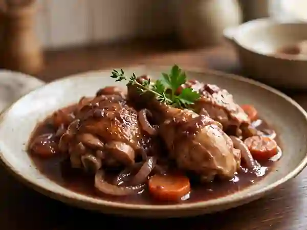 Poulet mijoté au vin rouge et aromates - Photo de présentation