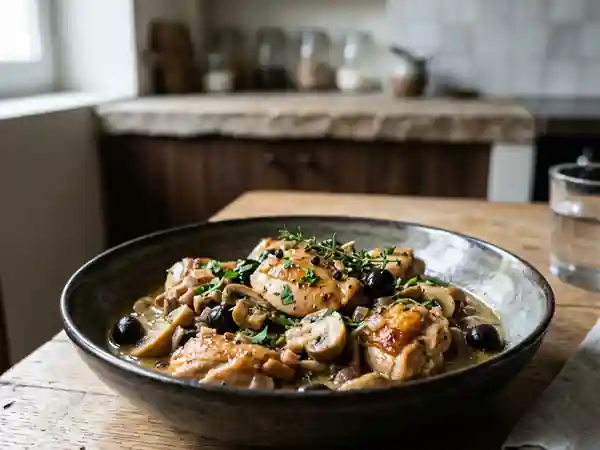 Poulet fondant aux champignons et olives - Photo de présentation